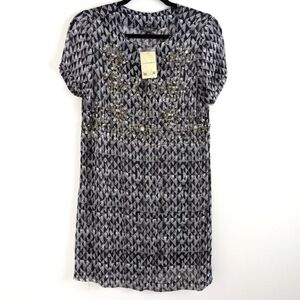 LUCKY Brand Sheer Beaded Embellished Mini Dress Sequin Tunic Mod Geometric XS